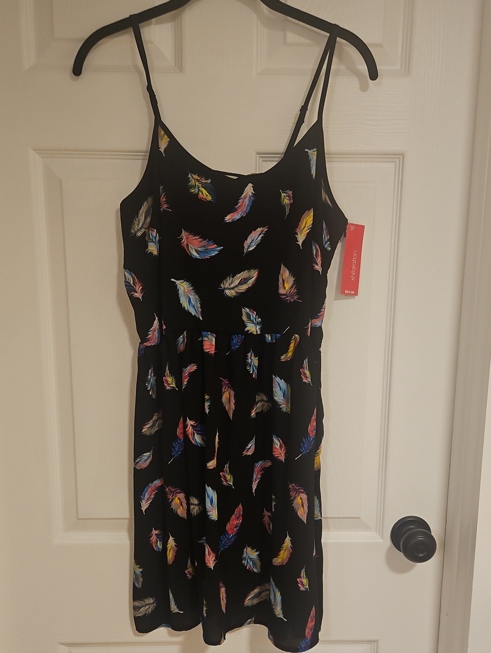 Xhilaration Black Feather-Print Spaghetti Strap Mini Dress